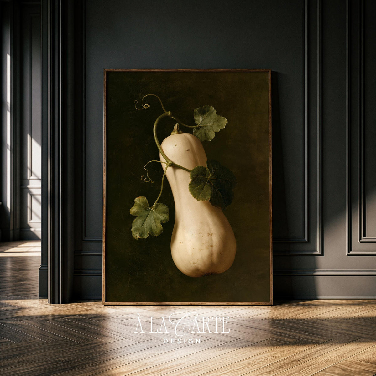 Autumn squash digital print wall decor — classic still life composition featuring delicate foliage