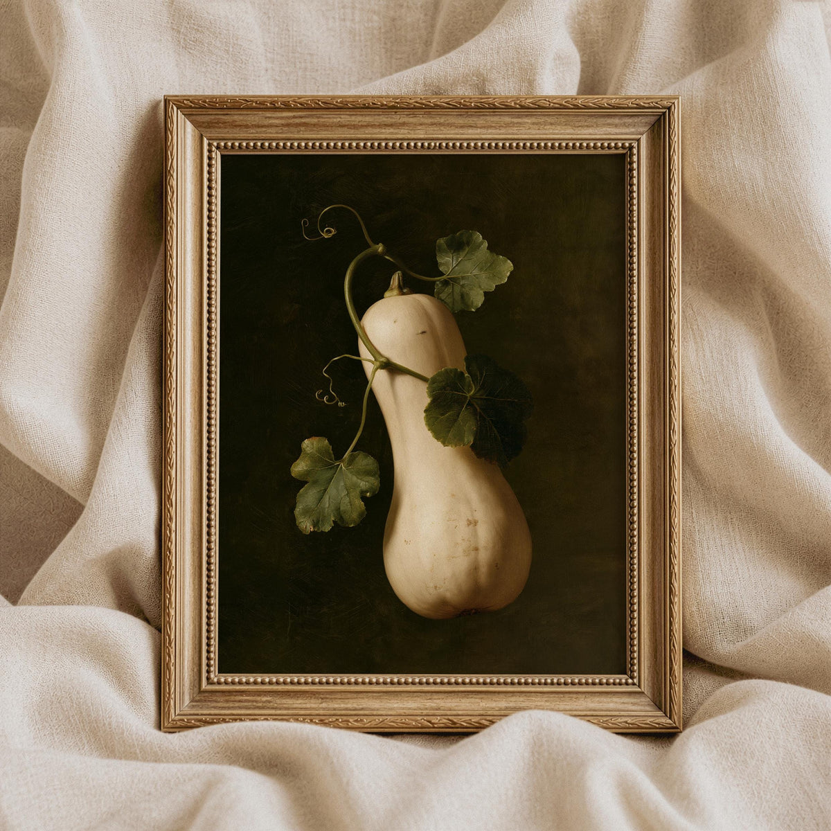 Dark background botanical print harvest artwork — butternut with curving stems, cottage aesthetic
