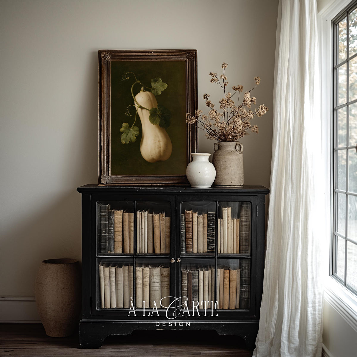 Antique-style botanical poster for kitchen wall — butternut with delicate vines, rich muted tones