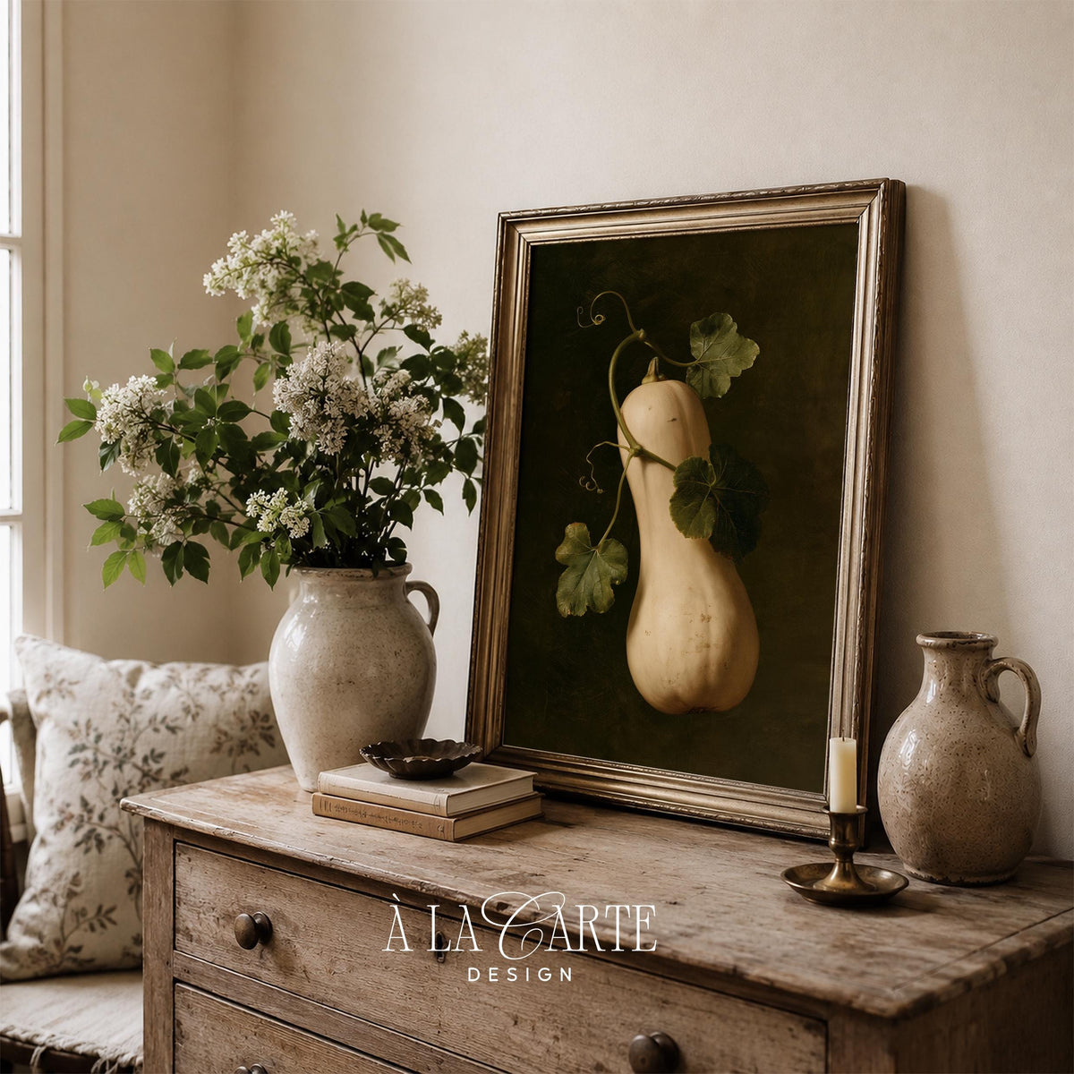 Moody harvest wall art printable for living room — 17th-century inspired gourd composition