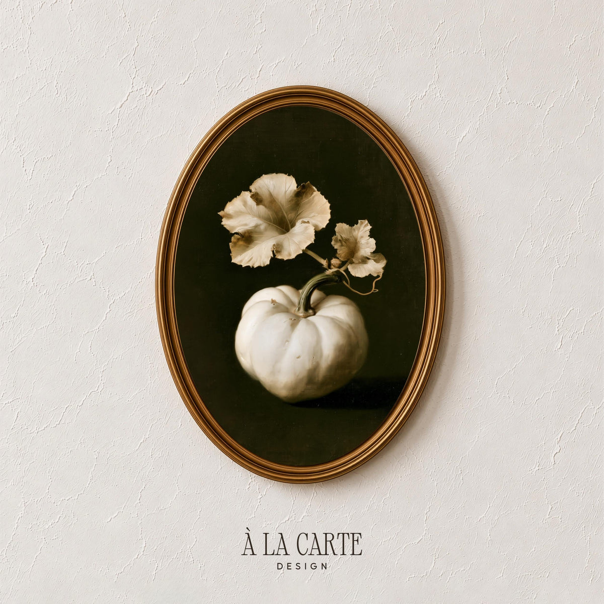 Moody fall wall art for kitchen — pale pumpkin with dried leaves against charcoal background