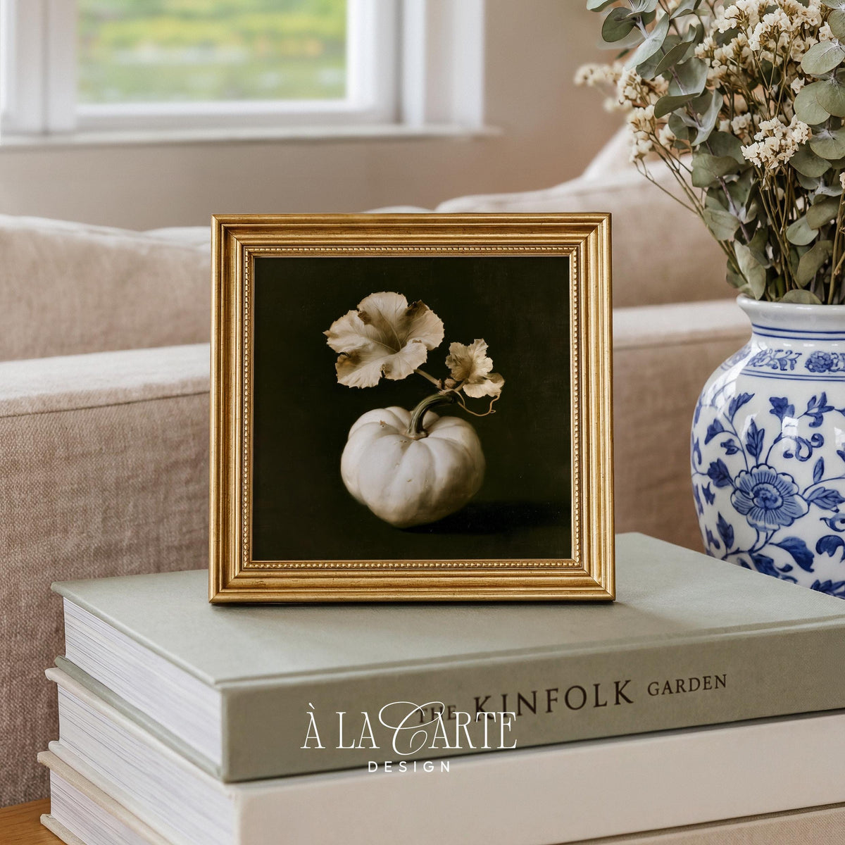 Elegant seasonal wall decor poster — white pumpkin study with muted vintage color palette and depth