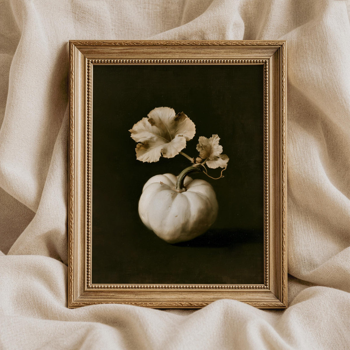 Sophisticated fall botanical artwork — cream pumpkin with weathered leaves, old master painting style