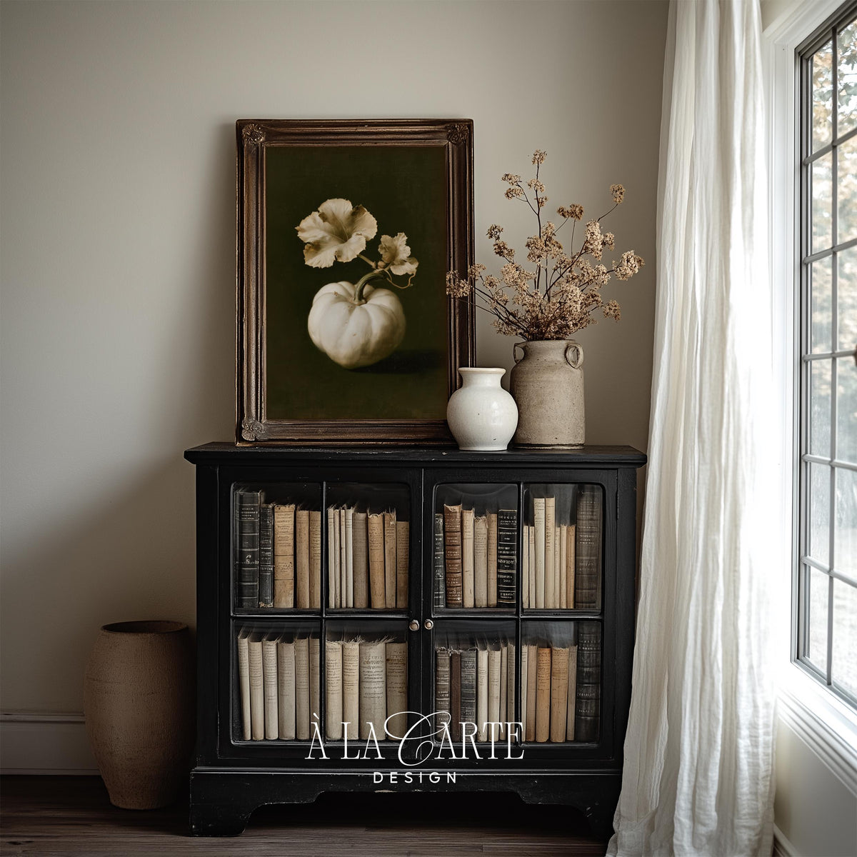 Rustic harvest artwork for gallery wall — pale pumpkin with curling tendrils, dark sophisticated aesthetic