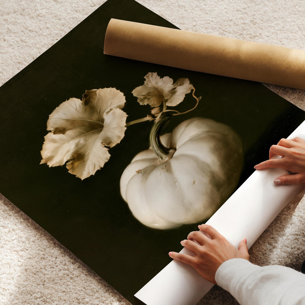 Vintage pumpkin still life printable art — moody white gourd with twisted stem on dark backdrop