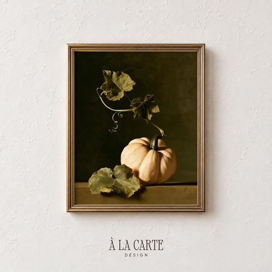 Moody autumn produce artwork printable — classic composition with chiaroscuro lighting and muted tones