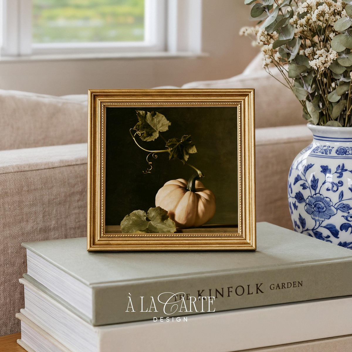 Botanical pumpkin painting for fall wall decor — muted palette artwork with deep background and ledge composition