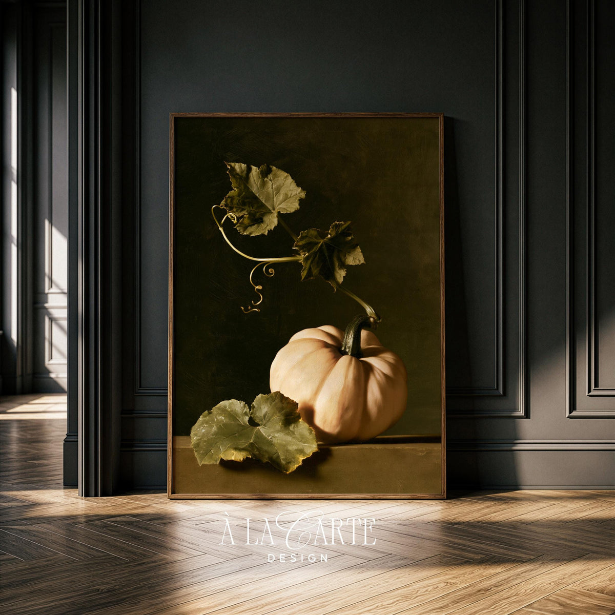 Antique squash still life digital print for entryway — moody rustic aesthetic with curling vines and earth tones