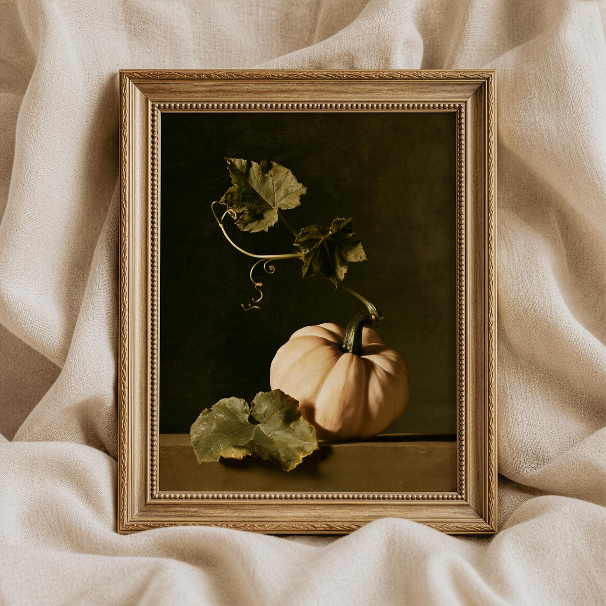 Classic still life artwork featuring cream-colored squash — cozy fall wall decor with moody vintage charm