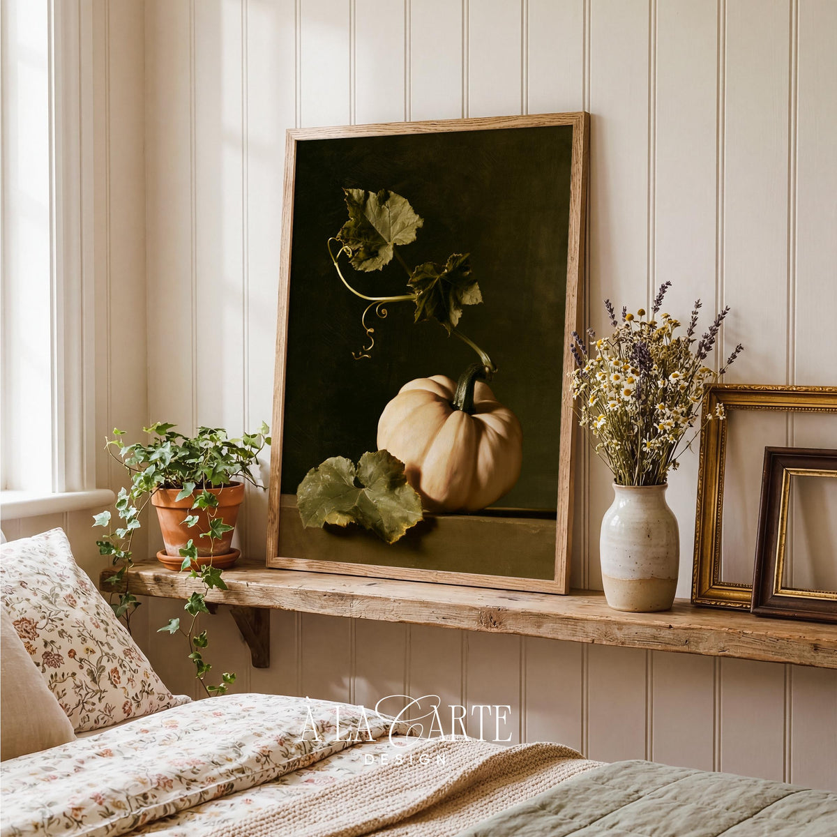 Vintage harvest still life print for kitchen — weathered leaves and pumpkin with warm earthy color palette