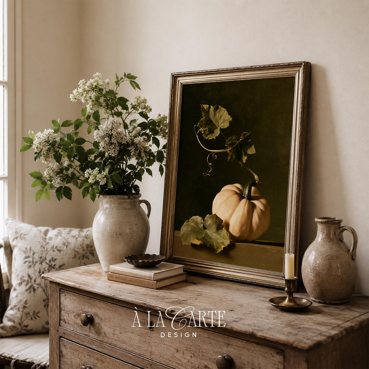 Cozy autumn harvest artwork printable — pale pumpkin with twisted tendrils, vintage painting style with dark mood