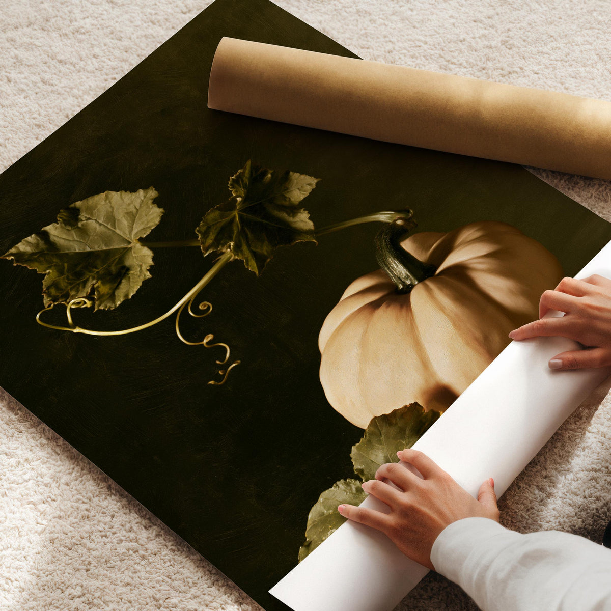 Cream pumpkin still life printable art for autumn — vintage painting with moody dark background and curling vines