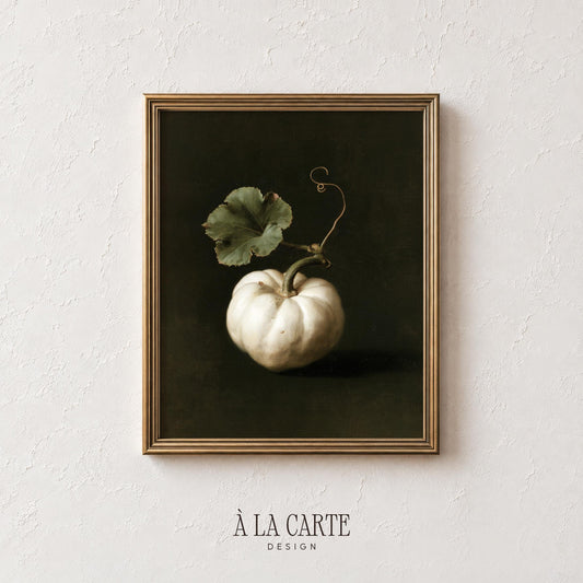 Moody squash digital print for study — elegant autumn botanical with deep atmospheric backdrop and soft brushwork