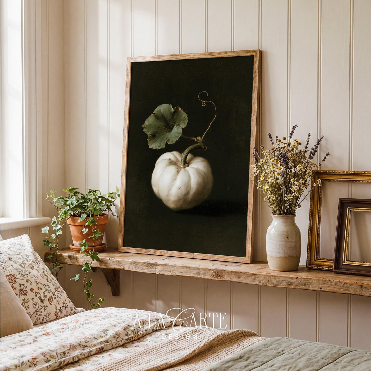 Autumn harvest pumpkin poster for dining room — oil painting style with dramatic shadowy background and leaf detail