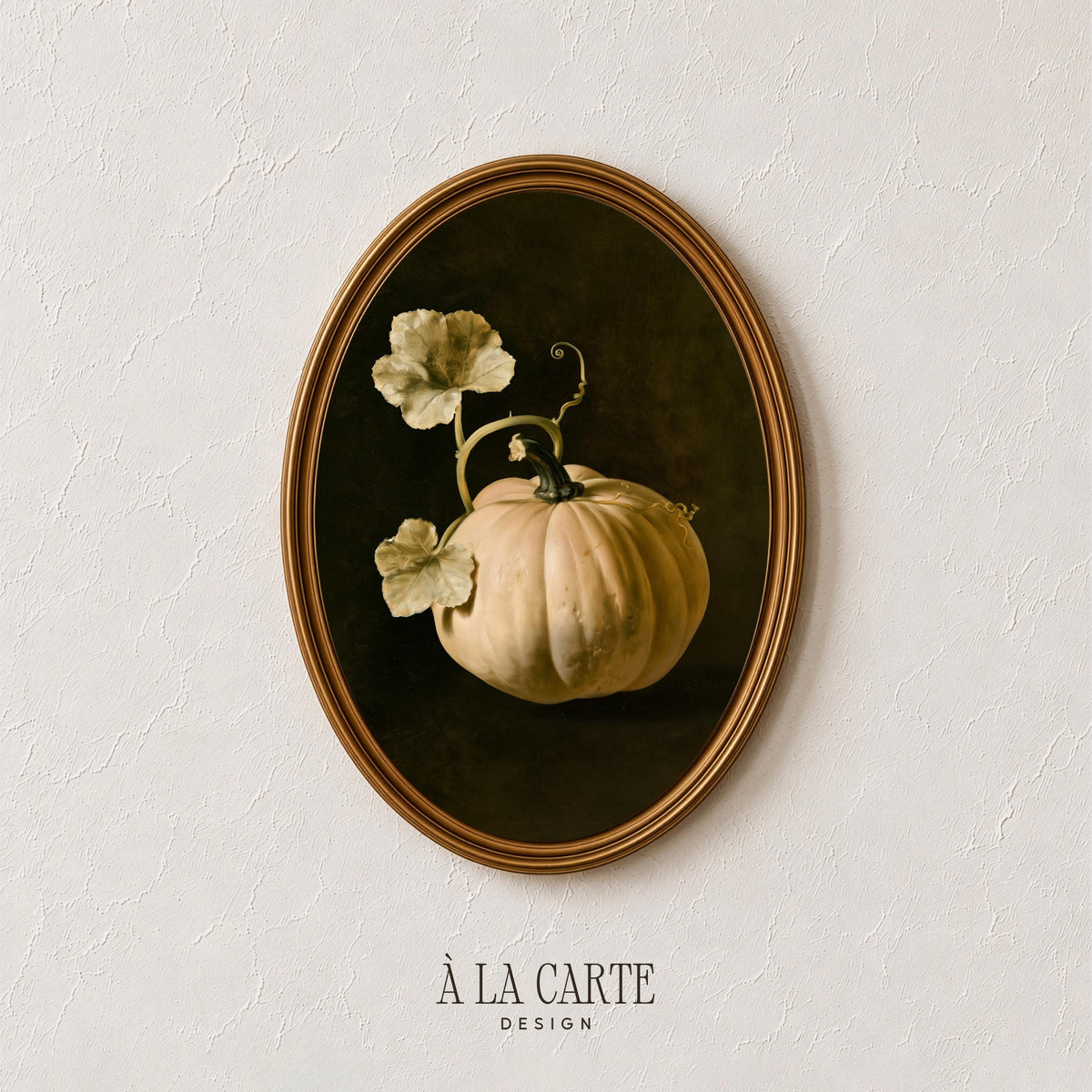 Antique-style squash artwork — rustic seasonal painting with curled stems, muted tones, and dramatic chiaroscuro effect