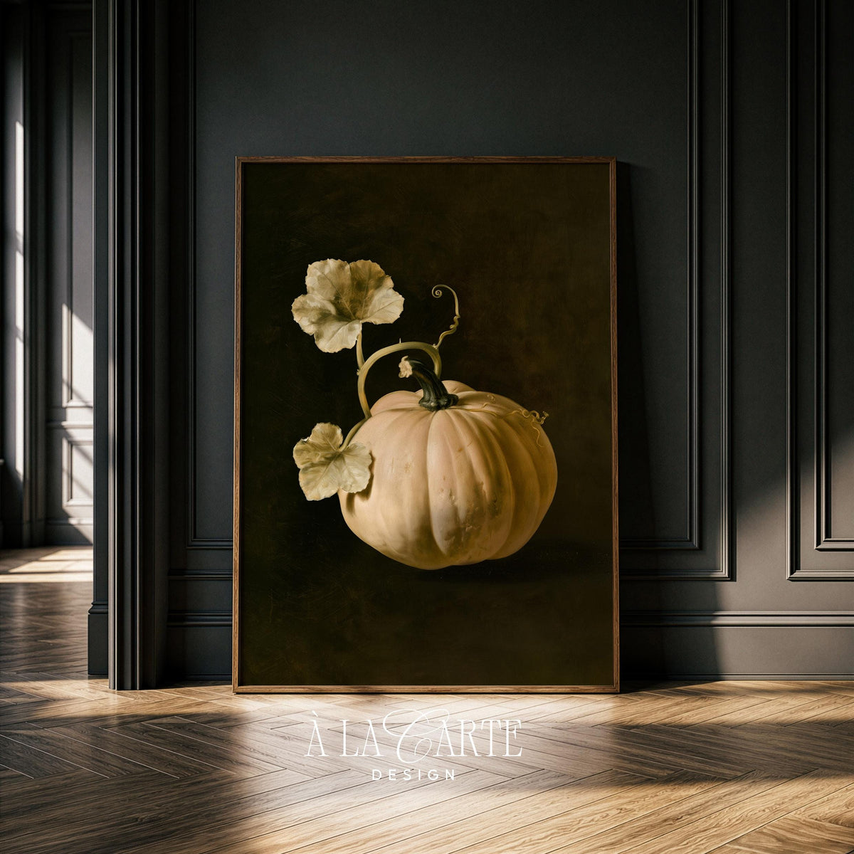 Muted autumn pumpkin digital art for parlor — old-fashioned still life with sophisticated dark undertones