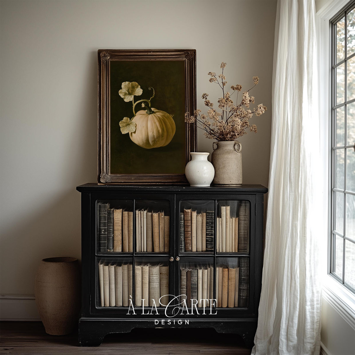 Heritage pumpkin print for study — moody botanical artwork with vintage appeal and dramatic lighting