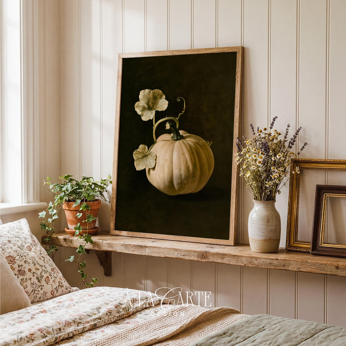 Botanical pumpkin poster — moody rustic farmhouse painting with textured brushstrokes and heritage feel