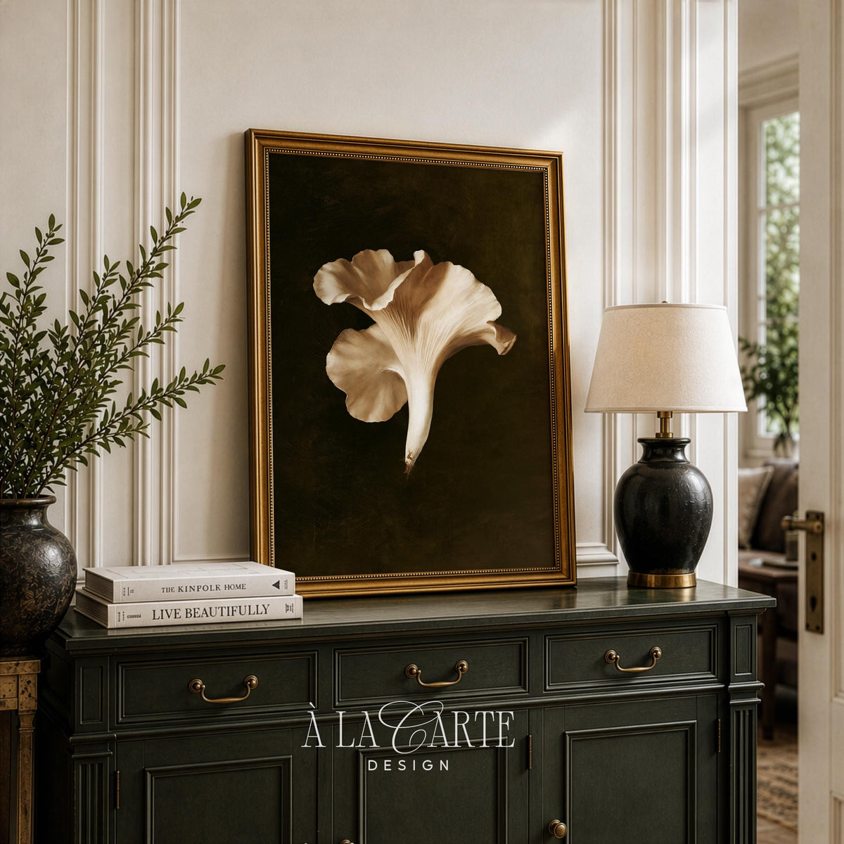 Antique-style mushroom digital wall art for bedroom — painterly forest aesthetic with rich shadowed tones