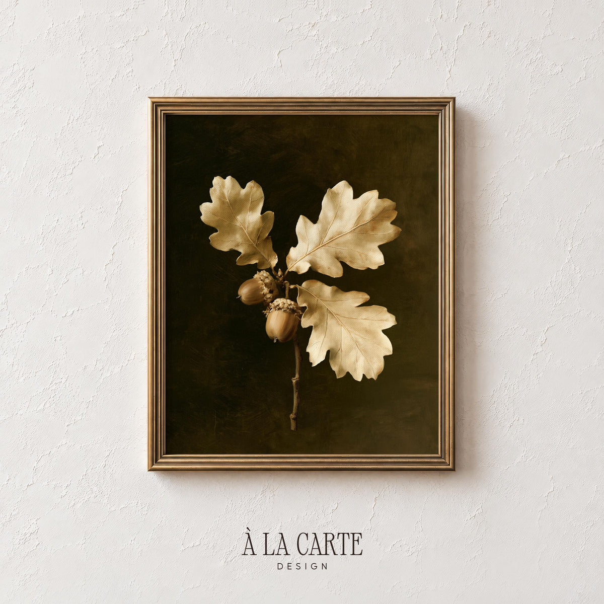 Oak branch with acorn printable art for study — moody vintage botanical illustration with golden leaves