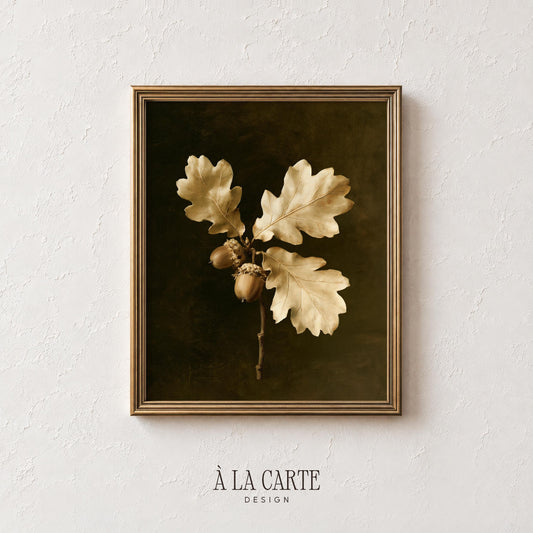 Oak branch with acorn printable art for study — moody vintage botanical illustration with golden leaves