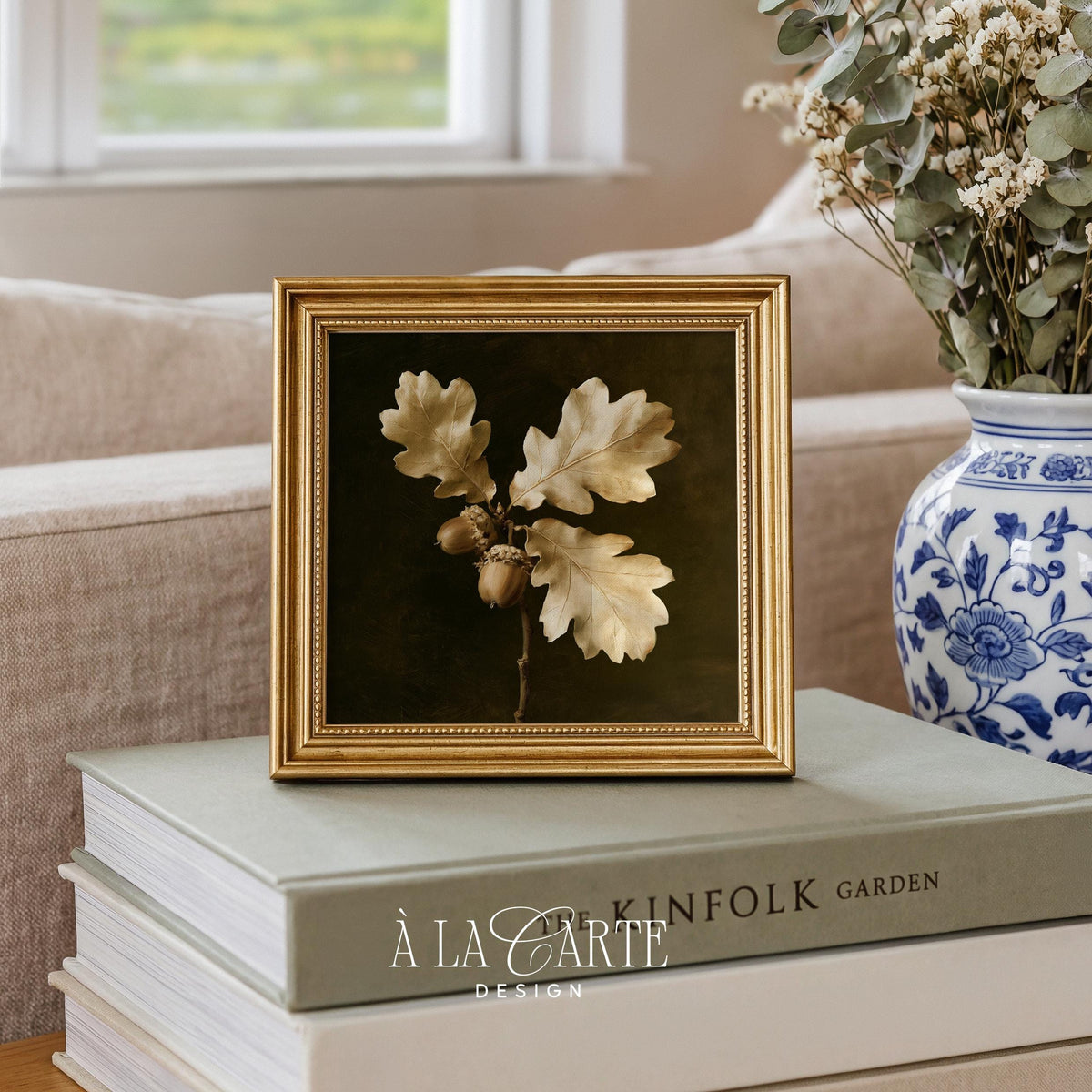 Woodland stem poster art for living room — golden botanical details against near-black moody background