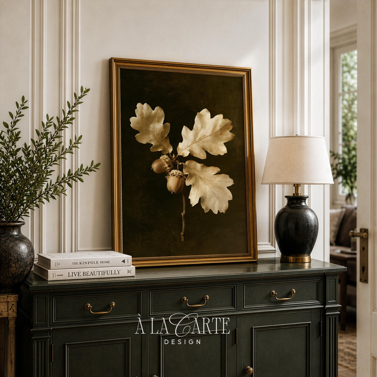 Golden acorn branch picture print — classic vintage botanical with rich shadow depth and farmhouse charm