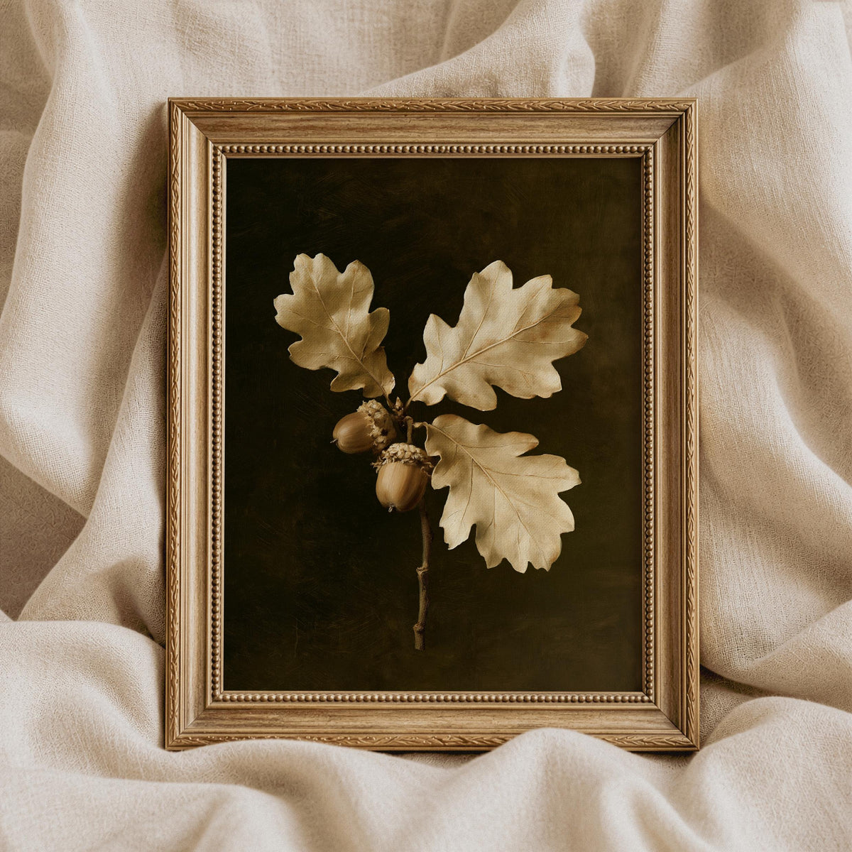 Vintage botanical illustration poster — moody oak study with golden accents and deep museum-quality backdrop