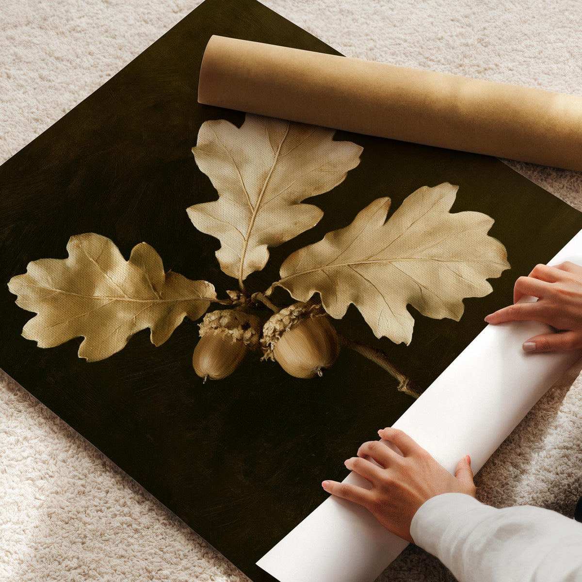 Oak leaf artwork for bedroom — cozy fall-inspired vintage botanical with deep shadow backdrop