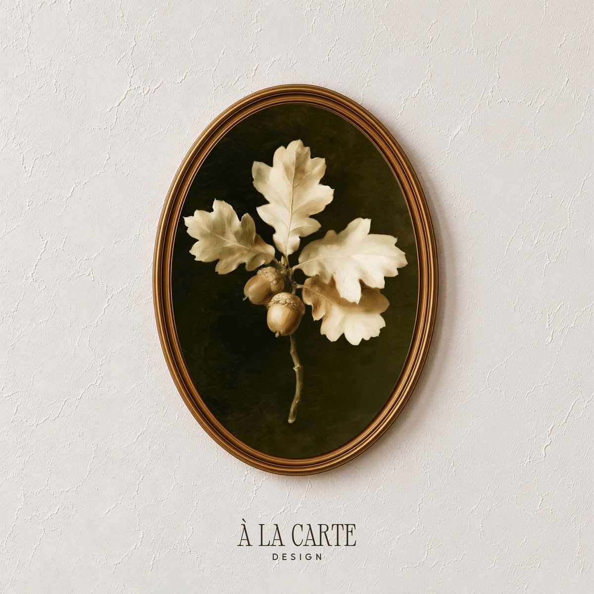 Moody botanical illustration poster art for library — textured vintage painting featuring autumn oak branches