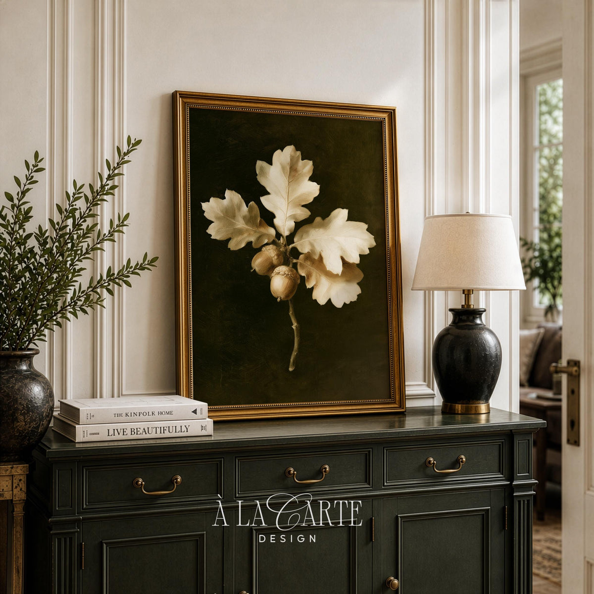 Moody botanical wall decor poster instant download — dark academia nature study with cream and gold accents