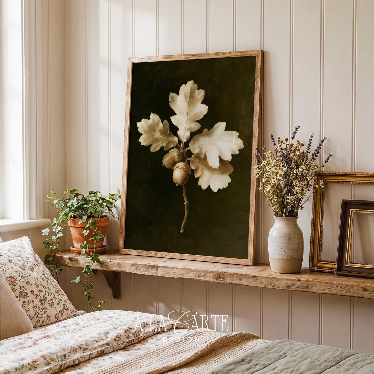 Dark academia leaf and acorn poster digital art — antique-style nature painting with rich muted color scheme