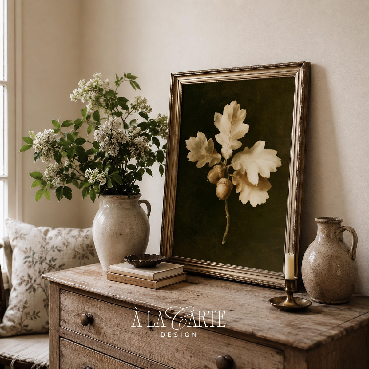 Vintage farmhouse botanical artwork instant download — cream and sage oak leaves against deep charcoal background