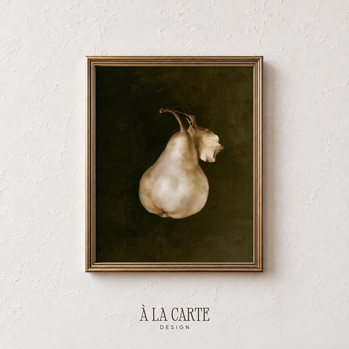 Farmhouse kitchen art print — vintage pear still life, soft cream palette, dramatic atmospheric mood