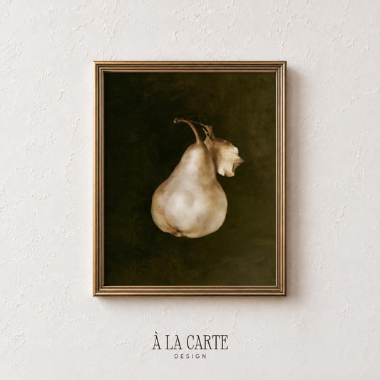 Farmhouse kitchen art print — vintage pear still life, soft cream palette, dramatic atmospheric mood