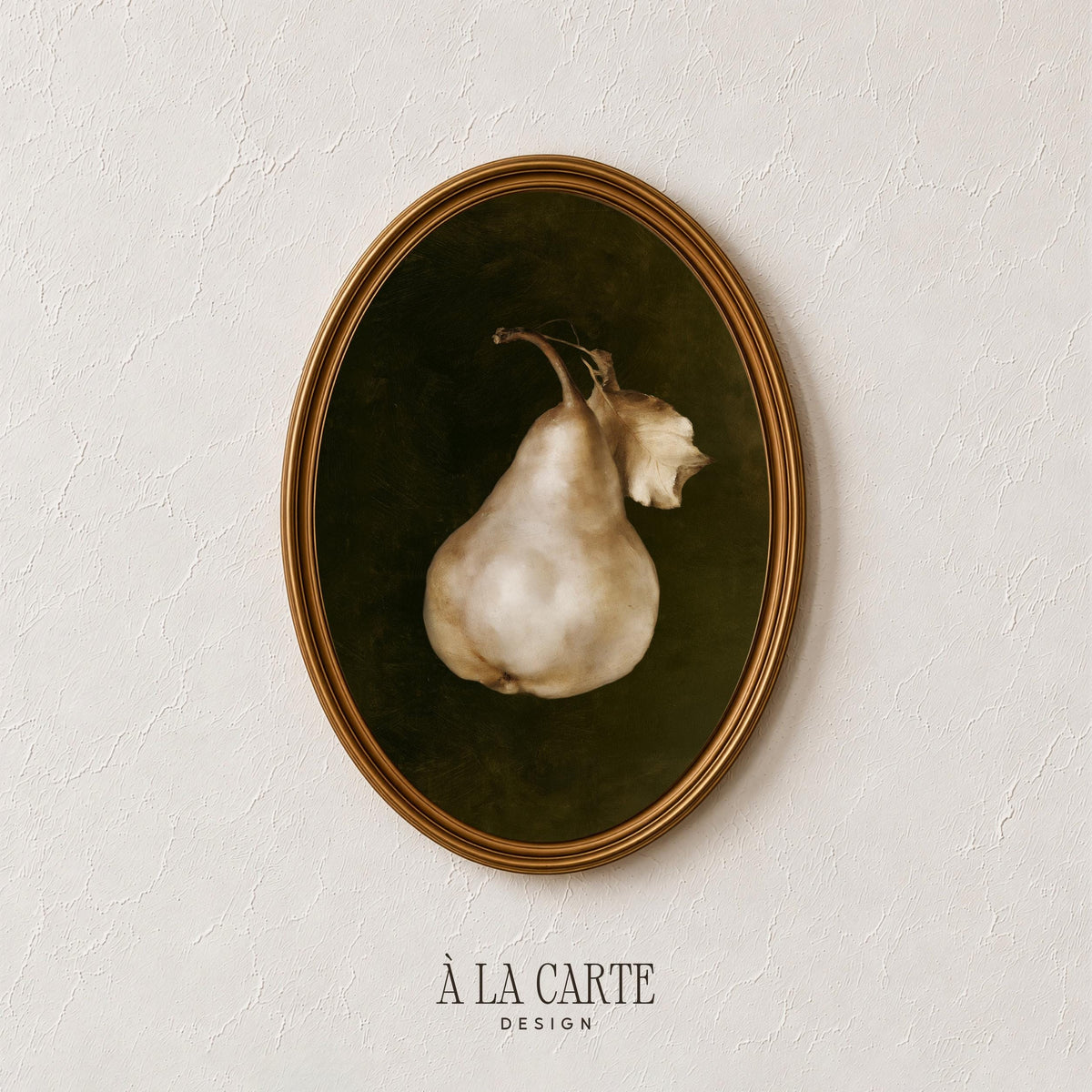 Classic still life poster featuring golden pear with dried leaf — rustic farmhouse wall art
