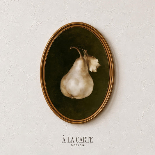 Classic still life poster featuring golden pear with dried leaf — rustic farmhouse wall art