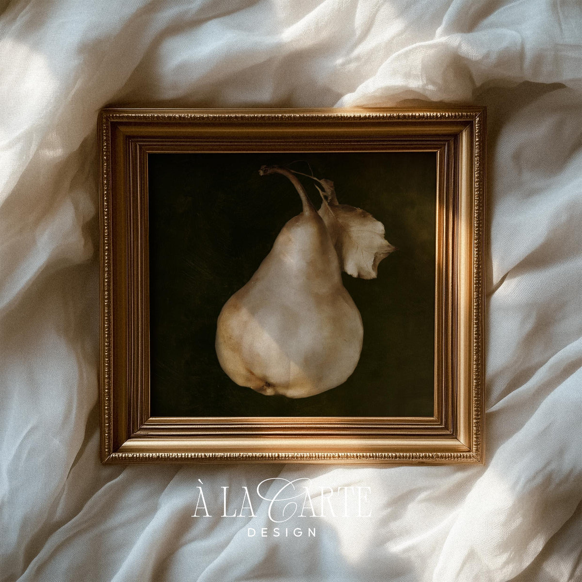 Rustic fruit picture for entryway — pale pear with aged leaf accent, moody classic aesthetic