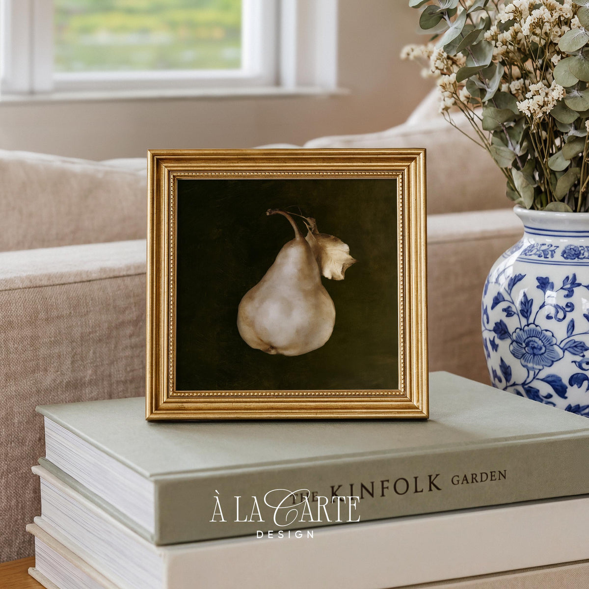 Dark academia pear wall art printable — cream and gold tones on brooding background for study
