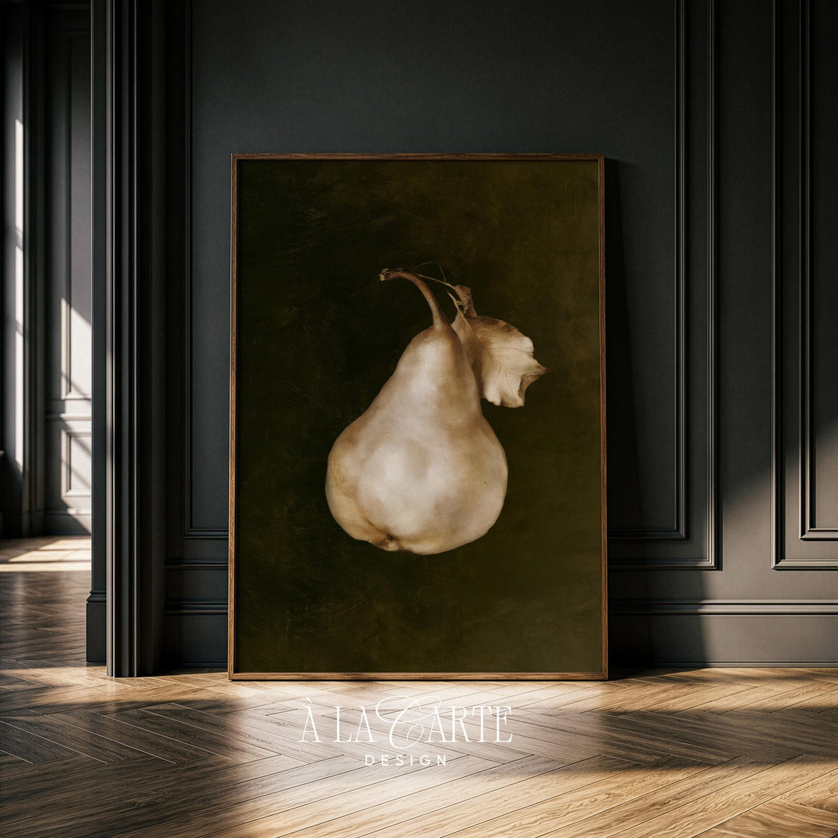 Oil painting style pear picture for dining room — vintage dark academia aesthetic with rich textures