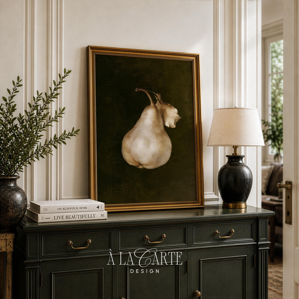 Botanical pear print instant download — old-world charm with dramatic deep green backdrop