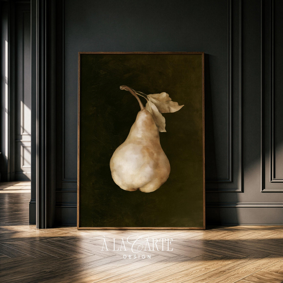 Pear still life printable art for kitchen — moody vintage oil painting with golden ochre tones