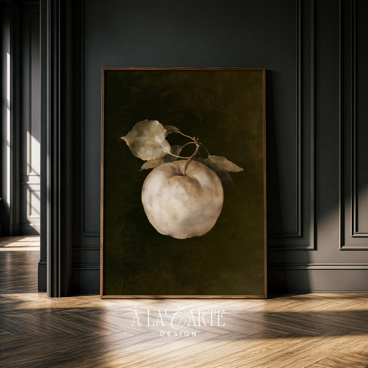 Dark academia apple art printable for office — vintage-style with rich brushstrokes and shadowy tones