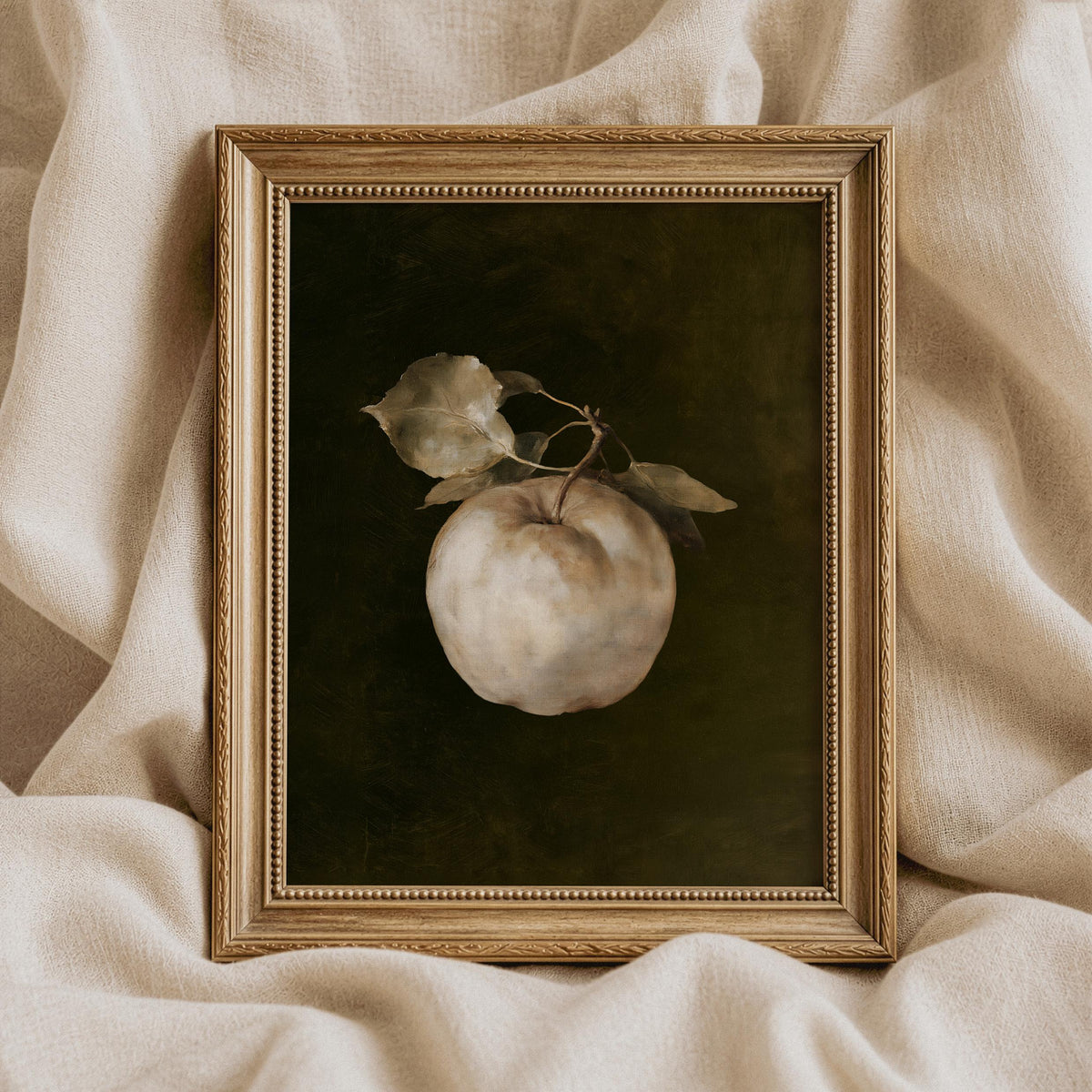 Single apple artwork digital print for study — dark academia aesthetic with old master brushwork