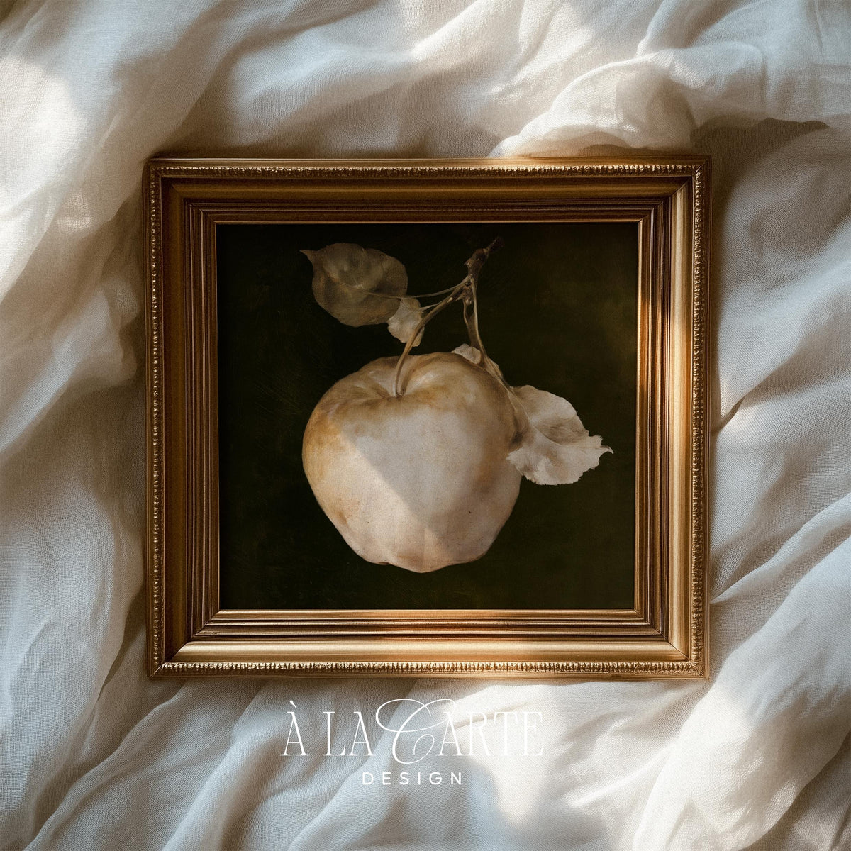 Botanical study print for kitchen wall — moody rustic apple with curling stem and sage tones