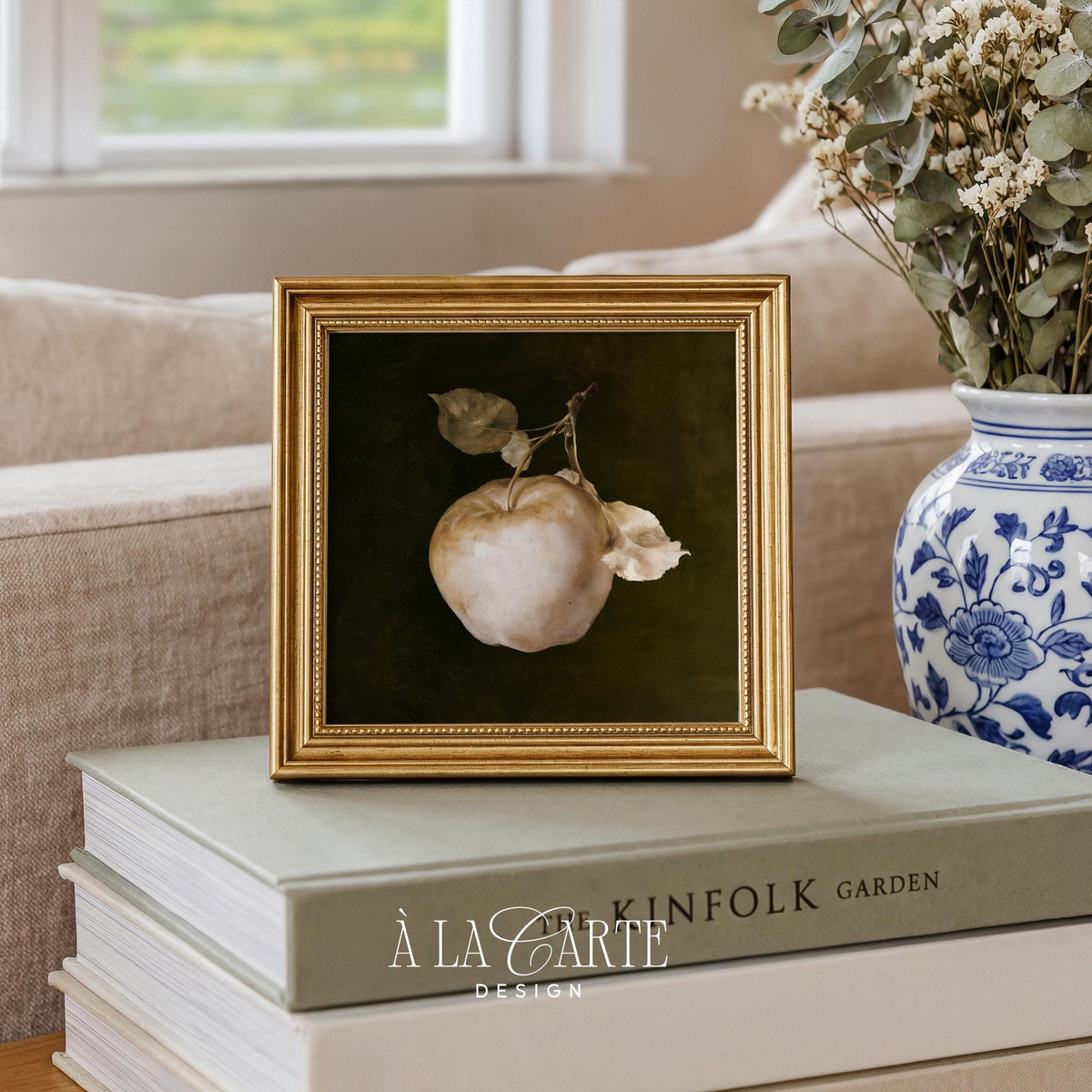 Still life fruit wall print for farmhouse dining — soft highlights contrast deep shadowed background