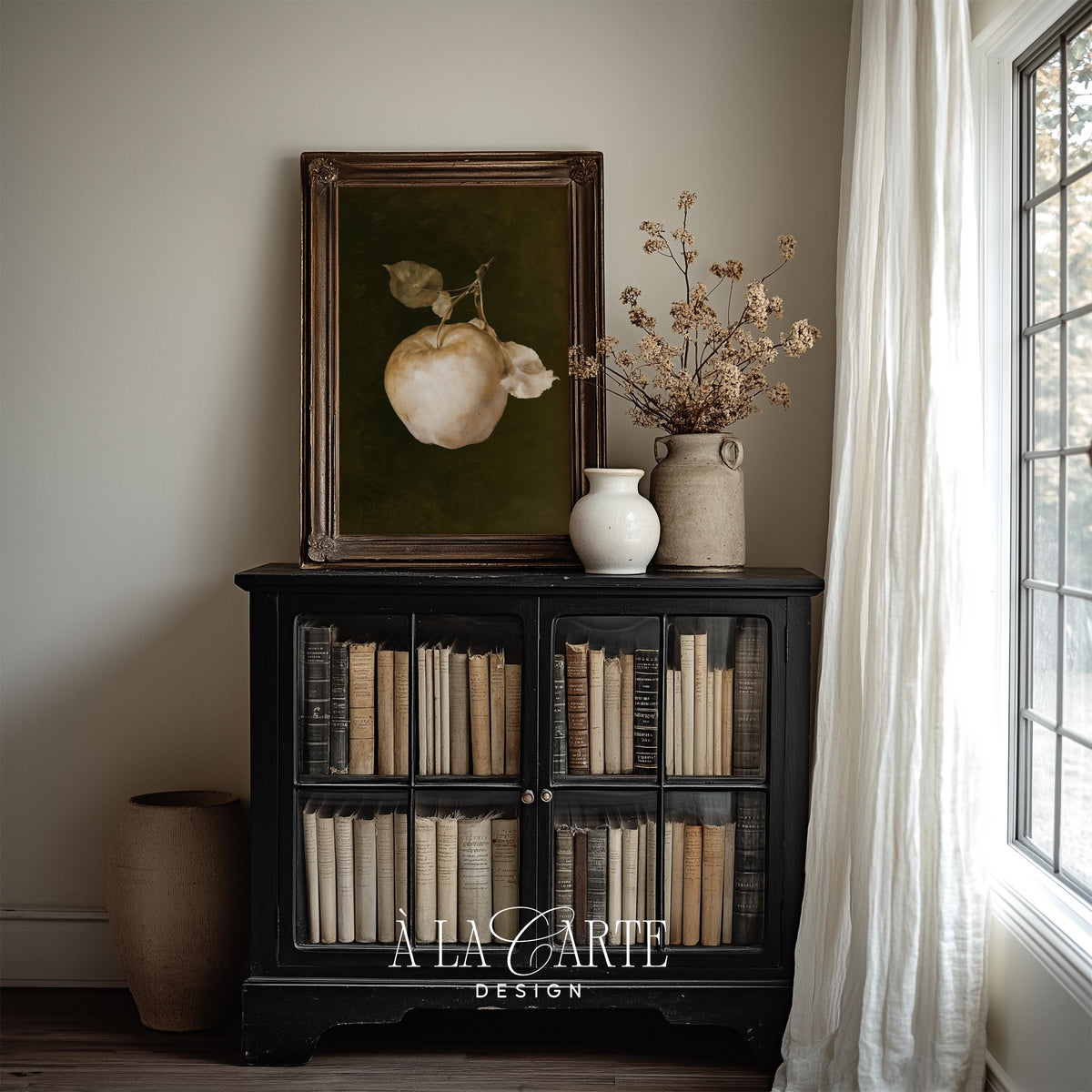 Single apple artwork digital print — antique old-world aesthetic with textured brushwork