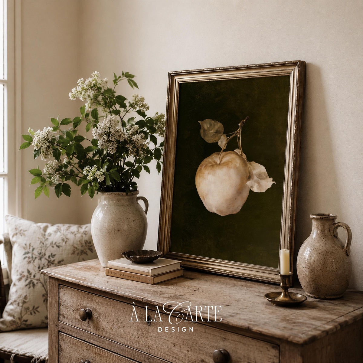 Botanical apple study for kitchen — vintage still life artwork with sage leaves and deep tones
