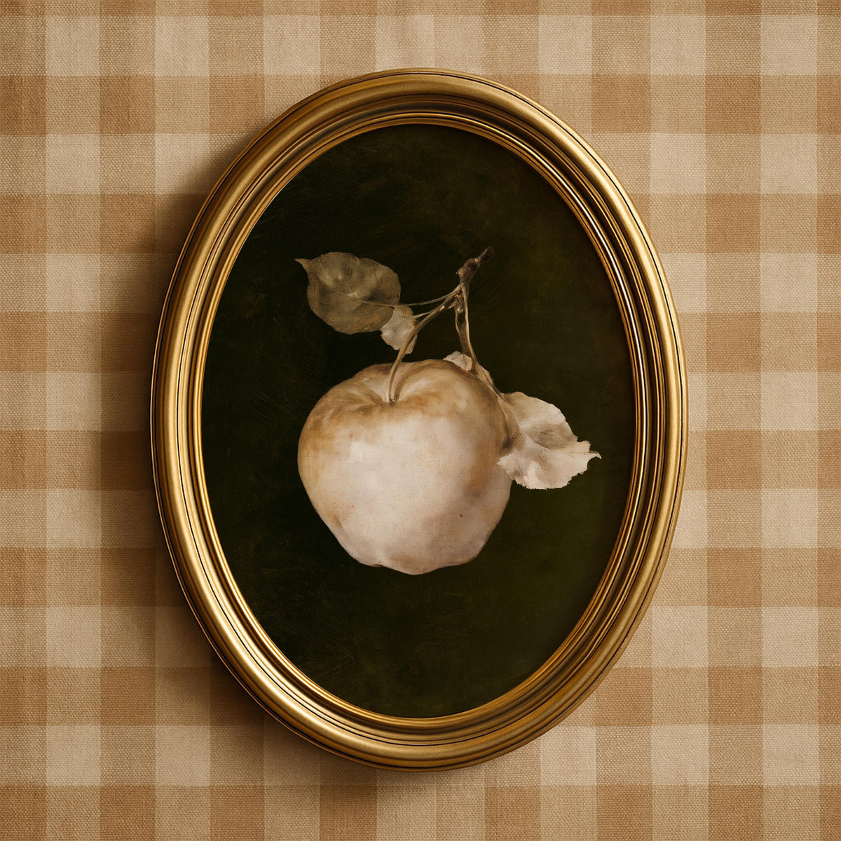 Moody apple poster for traditional home decor — textured vintage painting with atmospheric depth
