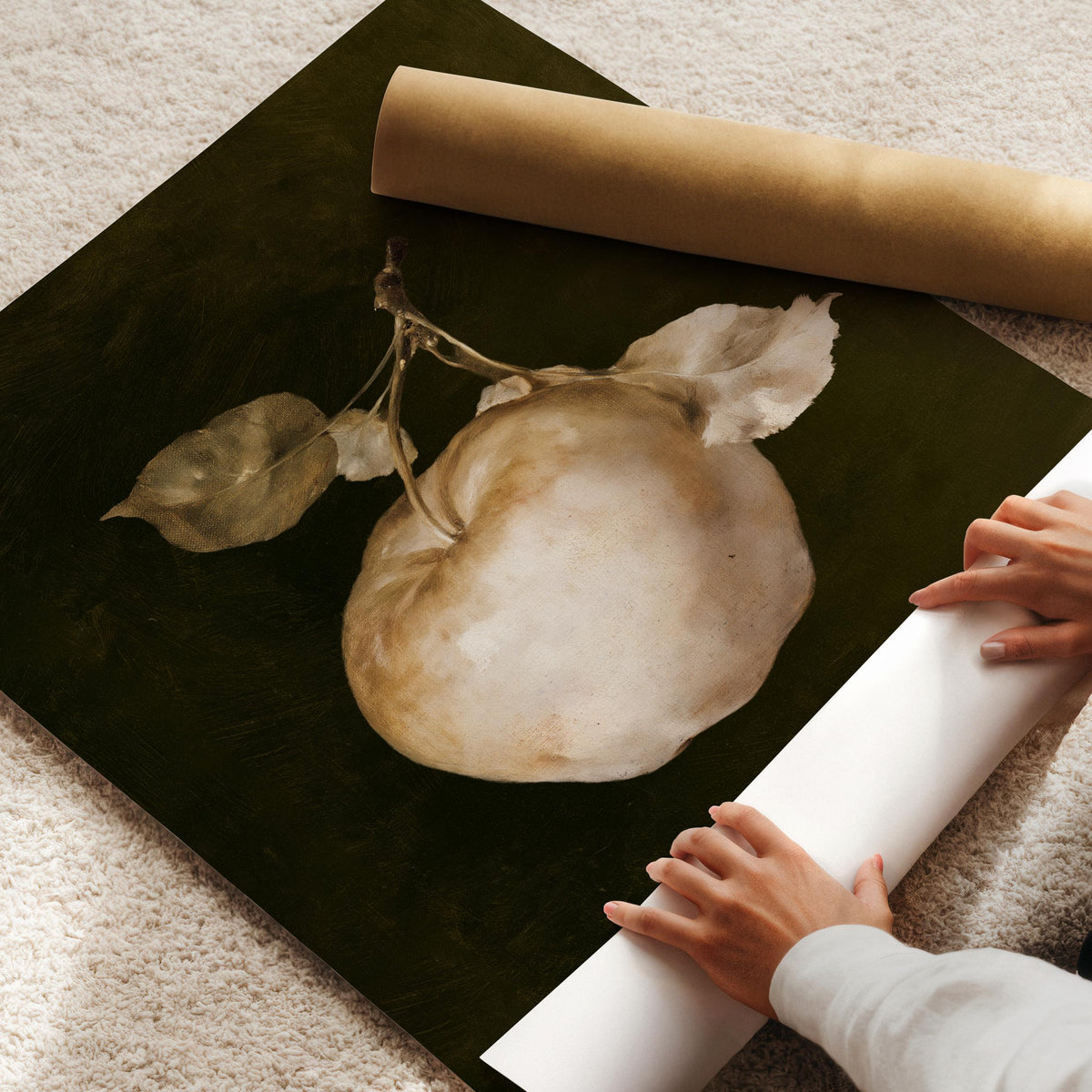 Classic fruit painting printable art for dining room — rustic sage leaves and soft highlights